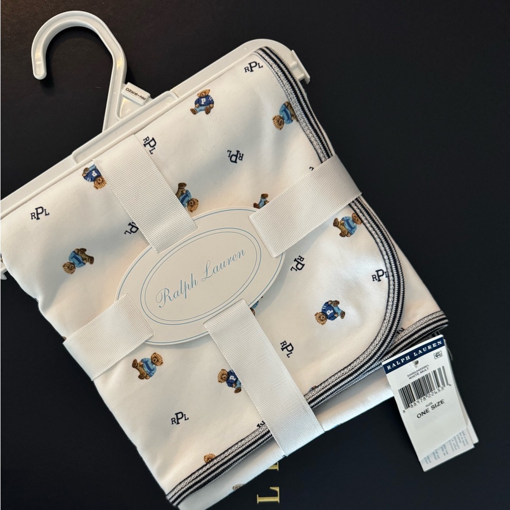 Ralph Lauren Baby Boys Blue Rugby Stripe Cotton Logo Blanket 32”L x 28”W, NWT